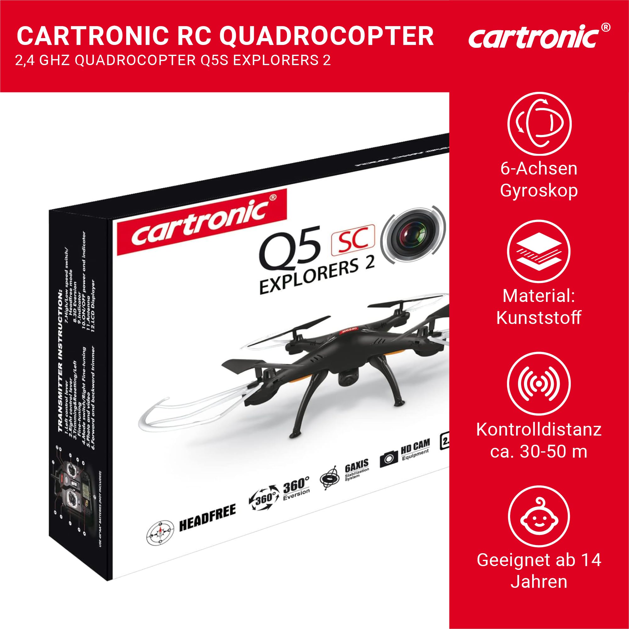 2.4 GHz Quadrocopter Q5S Explorers mit Kamera, schwarz, 32,0 x 32,0 x 10,5 cm I Ferngesteuerte Drohne mit Kamera, Headfree Control & LEDs I Drohne für Anfänger geeignet I Ab 14 Jahre