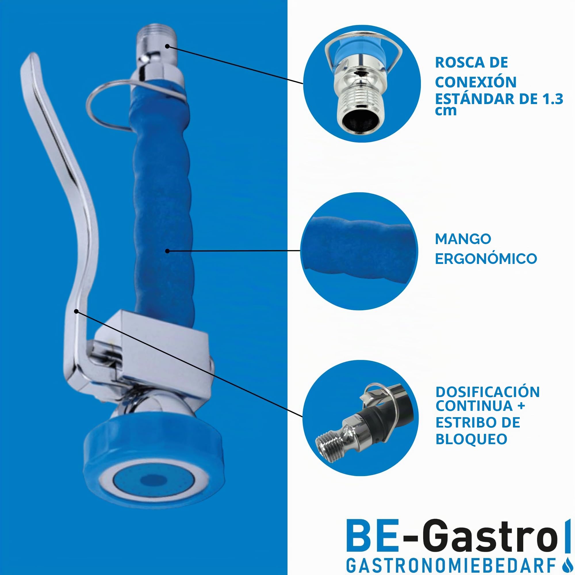 BE-GASTRO I Grifo Industrial Hostelería - Alcachofa de ducha de mano (azul), incluye barra de sujeción, 1/2" Standard AG | Alcachofa de repuesto de acero inoxidable para alcachofa de cocina