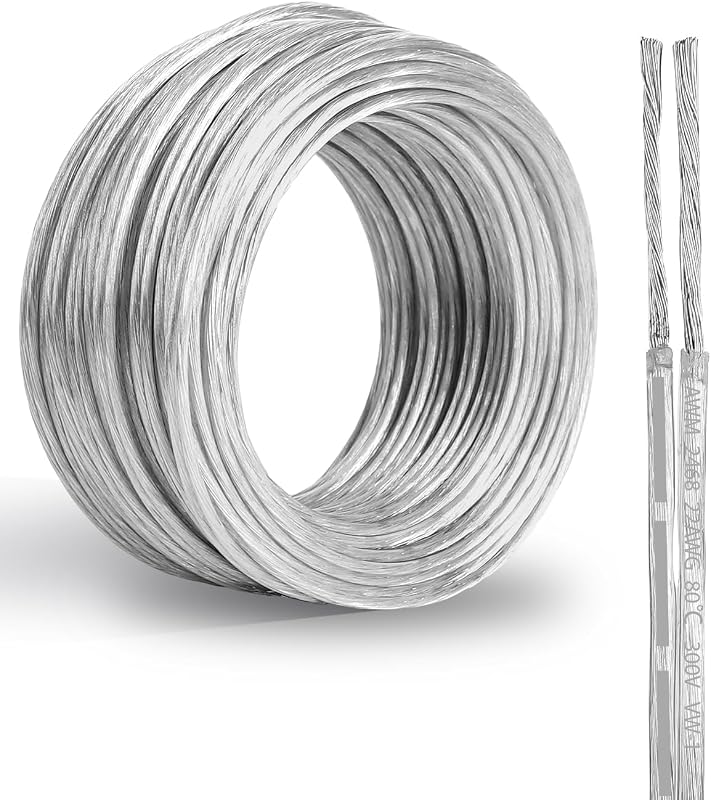 22 Gauge Clear Wire 30FT, UL 2468 22/2 Tinned Copper Electrical Wire | Transparent PVC 22 AWG 2 Conductor Tinned Copper Wire, UL 2468 300V. For String Lights, LED Strips, Audio, DIY