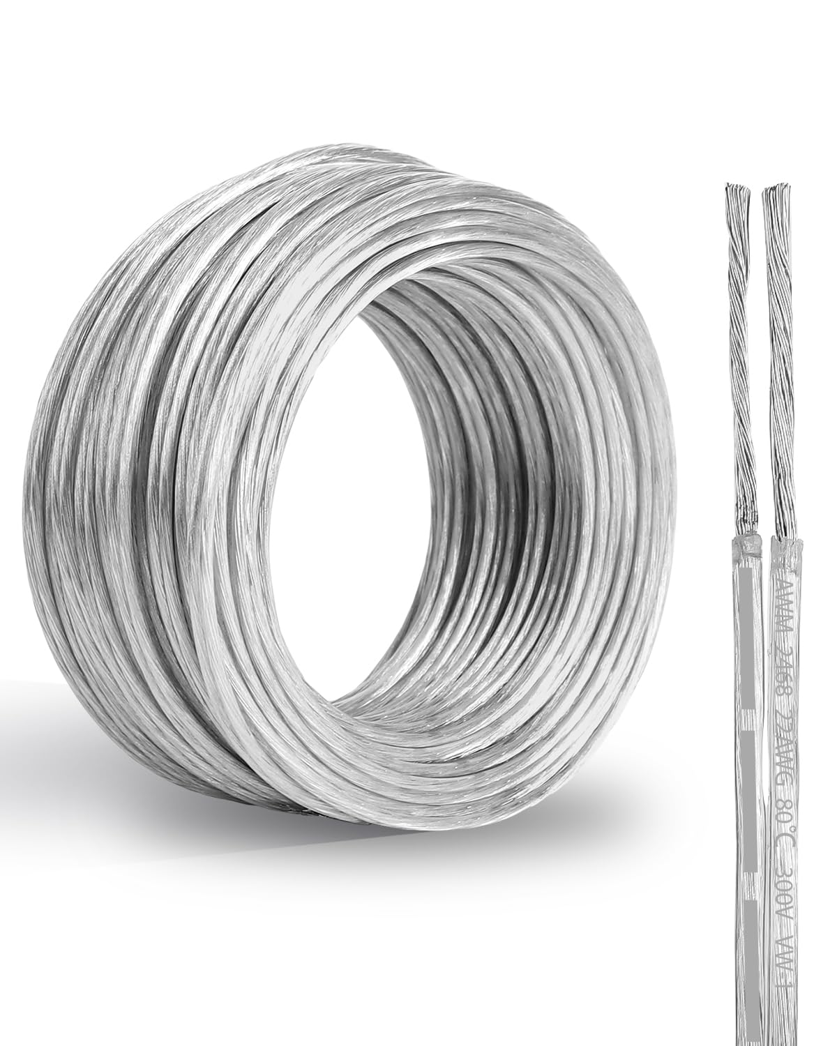 22 Gauge PVC Covered Copper Wire 100FT, UL 2468 22 AWG 2 Conductor Tinned Copper 22/2 Flexible Transparent Cable for String Lamp Cord, LED Light Strip