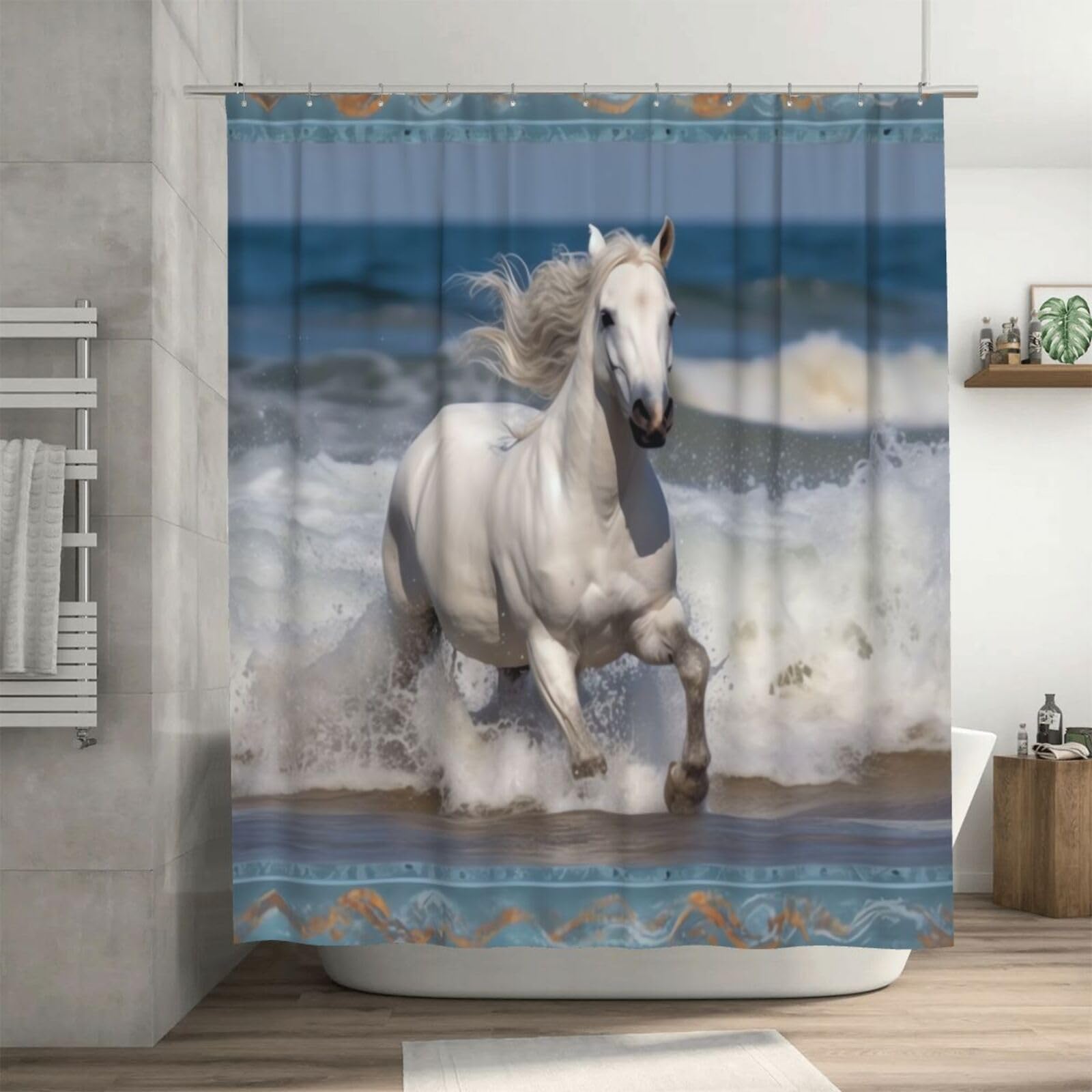Rideau de douche étanche motif cheval blanc textile lourd 182,9 cm