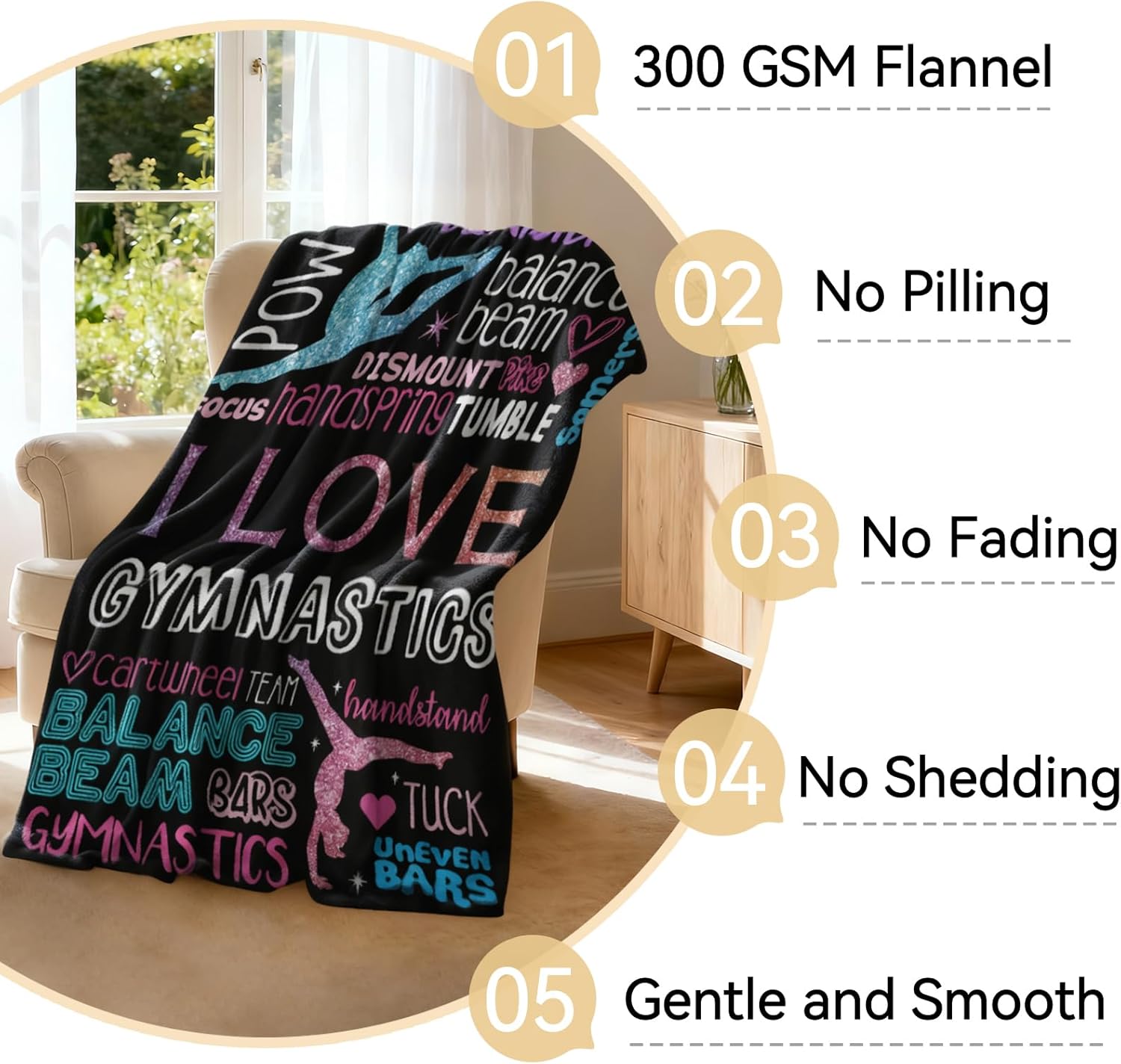 Gymnastics Throw Blanket for Girls, Soft Cozy Blanket with Glitter-Style Gymnastics Words & Silhouette, Pink Blue Gymnast Decor, Gifts for Gymnasts, 40"X50" - Image 5