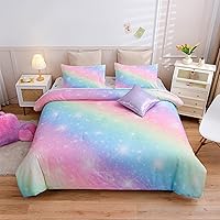 Vista 10 de A Nice Night Juego de ropa de cama de 6 piezas con purpurina degradada para niñas, juego de edredón colorido de galaxia arco iris, juegos de ropa