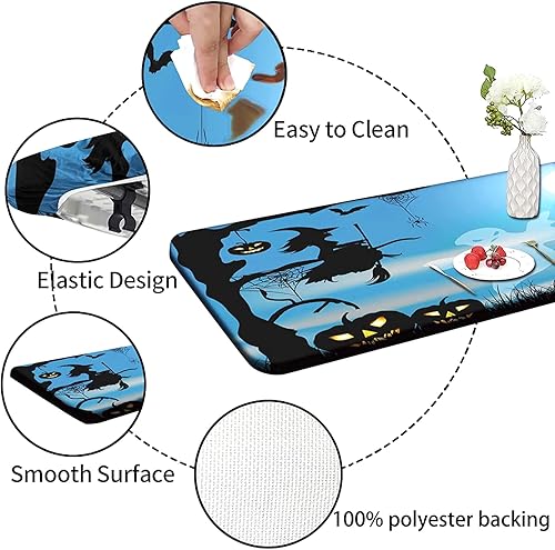 Miniatura 5 de RWNFA Mantel ajustable de fantasma de Halloween, diseño de calabazas y búhos azul y luna grande, borde elástico, mantel rectangular para picnic al