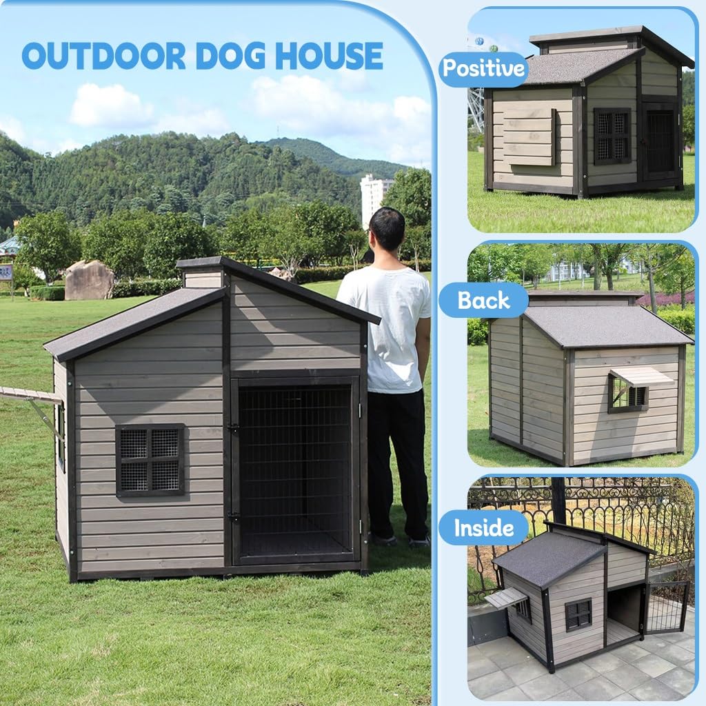 Casa per cani in legno per cani di medie dimensioni, canile per cabina di legno all'aperto con pavimento elevato, design impermeabile del portico, gambe regolabili, facile montaggio Pet Home
