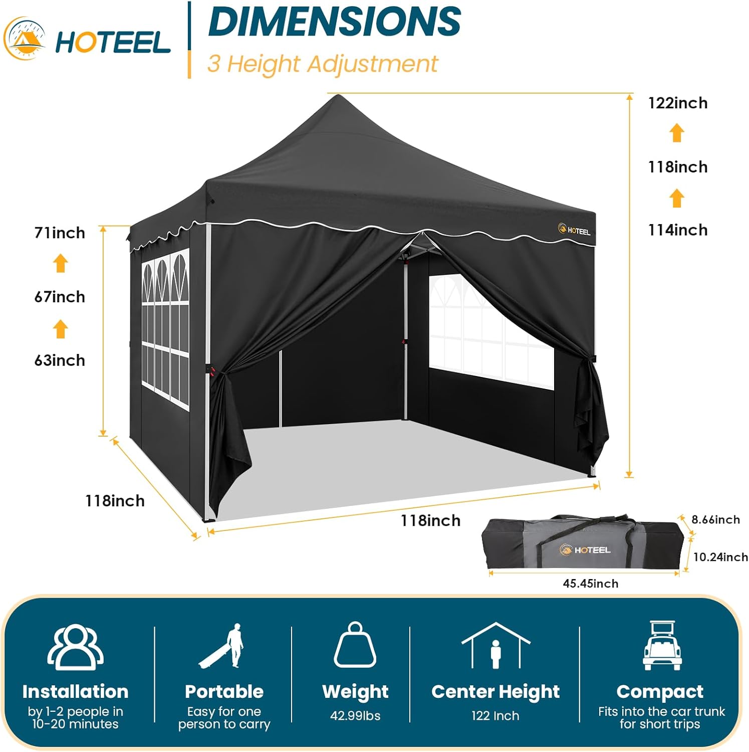 HOTEEL Canopy Tent 10x10 Pop Up Canopy with 4 Removable Sidewalls, Sandbags, Stakes & Ropes, UPF 50+ Easy Setup Event Shelter Waterproof Outdoor Instant Portable Gazebo for Party, Vendor, Black