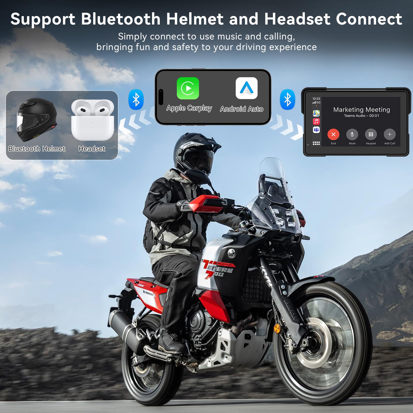 7 Pulgadas Pantalla Carplay de Motocicleta, IPX67 Impermeable, para CarPlay y Android Auto con Bluetooth Dual, Control de Voz, GPS, Detección de presión de neumáticos