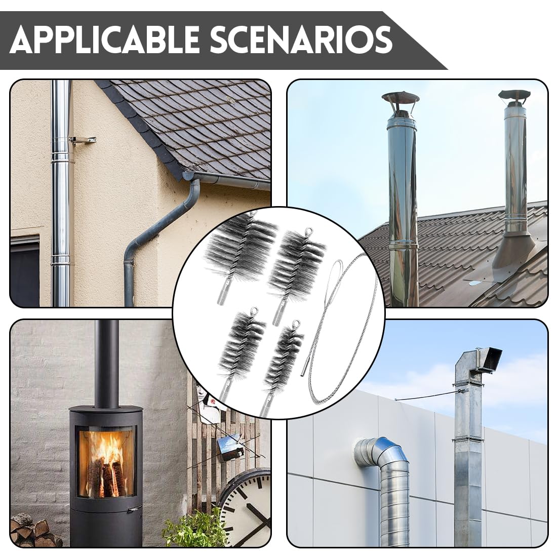 Set Da 5 Spazzole Per Tubo Stufa, Spazzola Spazzacamino, Spazzola Camino, Scopa Camino, Spazzola Caldaia Con 30 50 80 150 Mm, Per Pulizia Camino Stufa