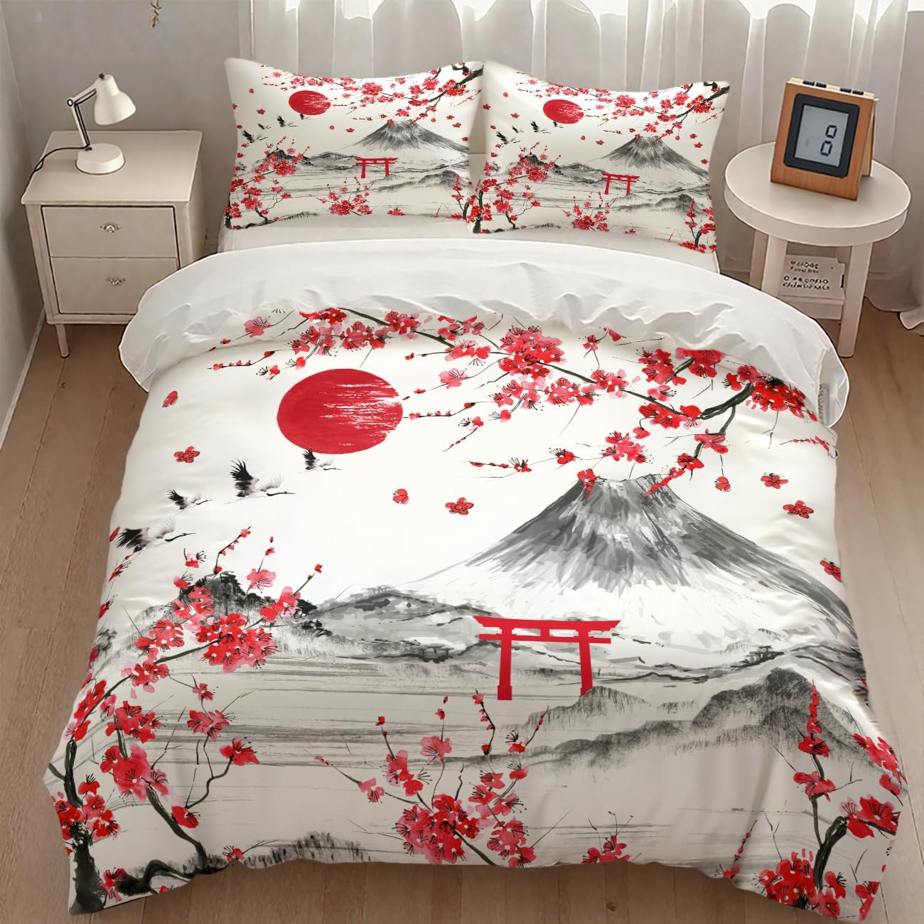 Japanese Koi Fish Bedding Duvet Cover Set,Asian Style Pink Cherry Blossom Big Wave Yin Yang Black White Koi Retro Landscape Bedding Comforter Set with Pillowcase,Twin 86"x70"