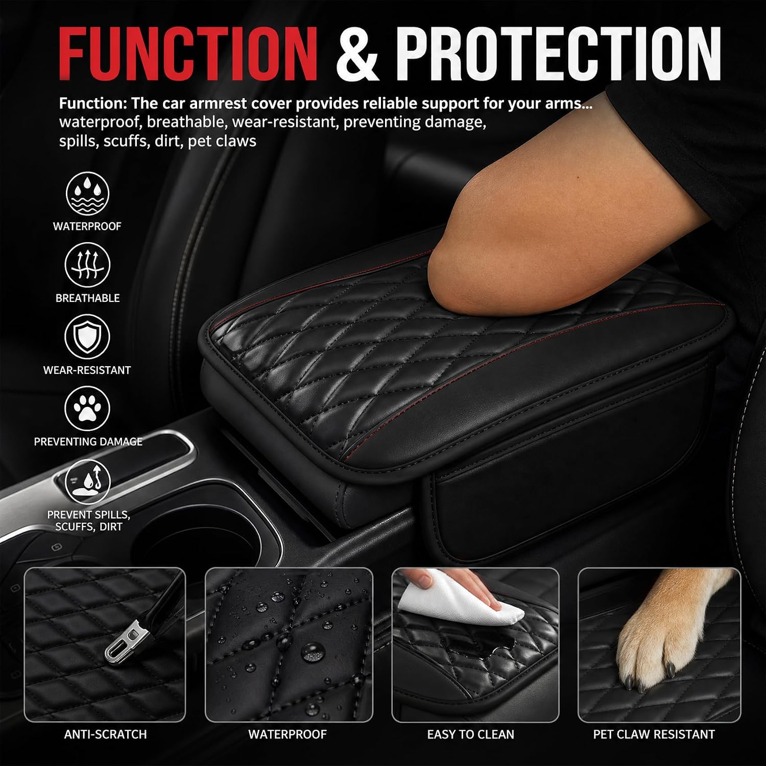 Patchwork Leather Car Center Console Cover, Auto Armrest Protective Pad with 2 Side Storage Pockets, Universal Automotive Interior Leather Armrest Cushion for Most SUVs, Sedans and Trucks image 3