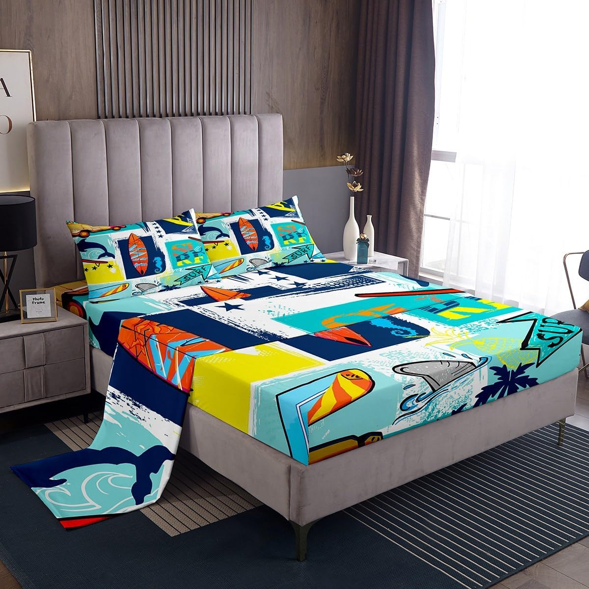 Castle Fairy Surfing Sports Bed Sheet Set Queen Size,Colorful Surf Themed Graffiti Painting Bedding Set for Children Adult,Surfboard Fish Stars Plaid Sheet Sets with Flat, Fitted Sheet, 2 Pillowcases