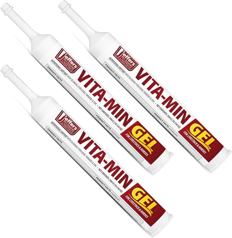Suplemento Multivitamínico e Mineral em Gel Jeffers Vita-Min para Cavalos e Animais de Produção com Selênio, Zinco, Potássio e Cúrcuma, Tubo de 300 cc, Pacote com 3