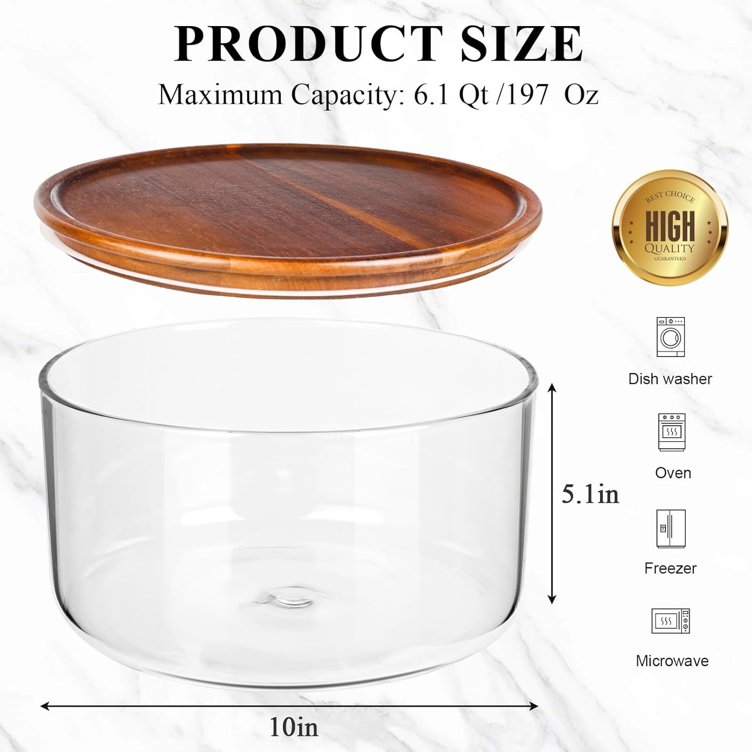 197 oz Large Glass Salad Bowl with Acacia Wood Lid - Glass Trifle Bowl, Versatile Serving Bowls for Cake, Salad, Fruit, Baking, Dessert, Meal Prep, Storing, Microwave & Oven Safe, BPA Free