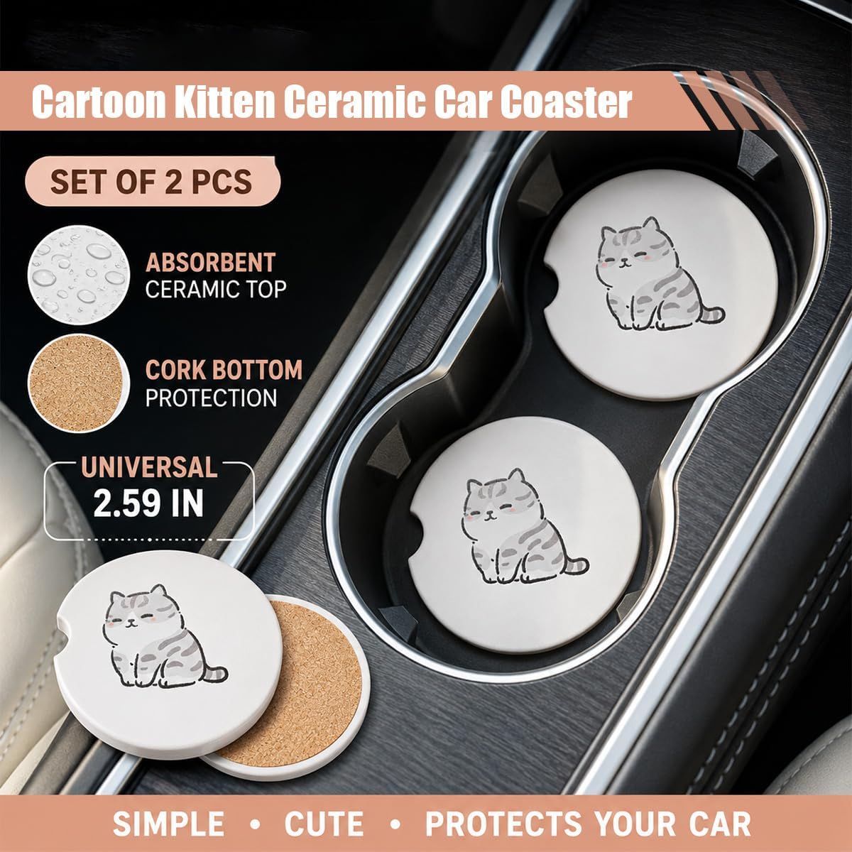 2PCS Cat Car Cup Holder Coasters, Universal Anti-Slip Mat, Grey image 3