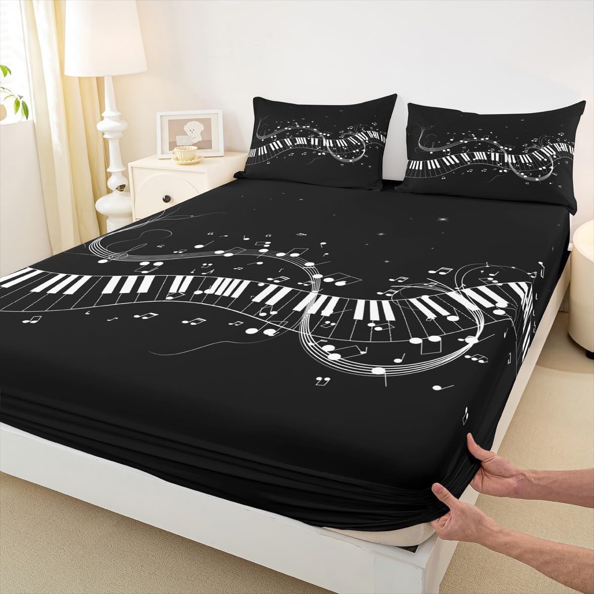 Piano Music Sheet Set Full Size,White Black Bedding Set 4pcs for Kids Teens Girls Boys Bedroom Decor Musical Notes Bed Sheet Piano Lover Fitted + Flat Sheet with 2 Pillowcases