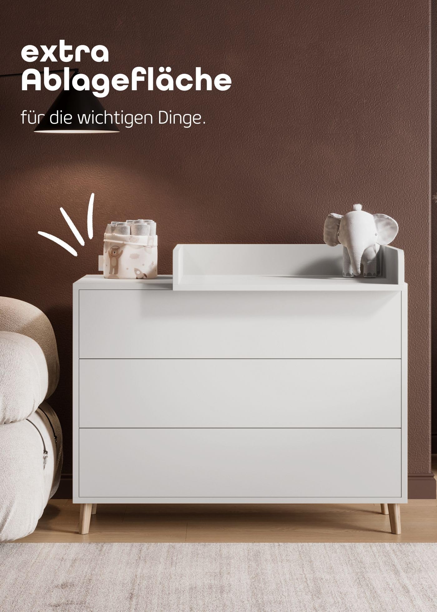 Sämann Wickelkommode EDEN – Push-to-Open, Touch-Close, abnehmbarer Wickelaufsatz & Schubladen mit Fächern (weiß)