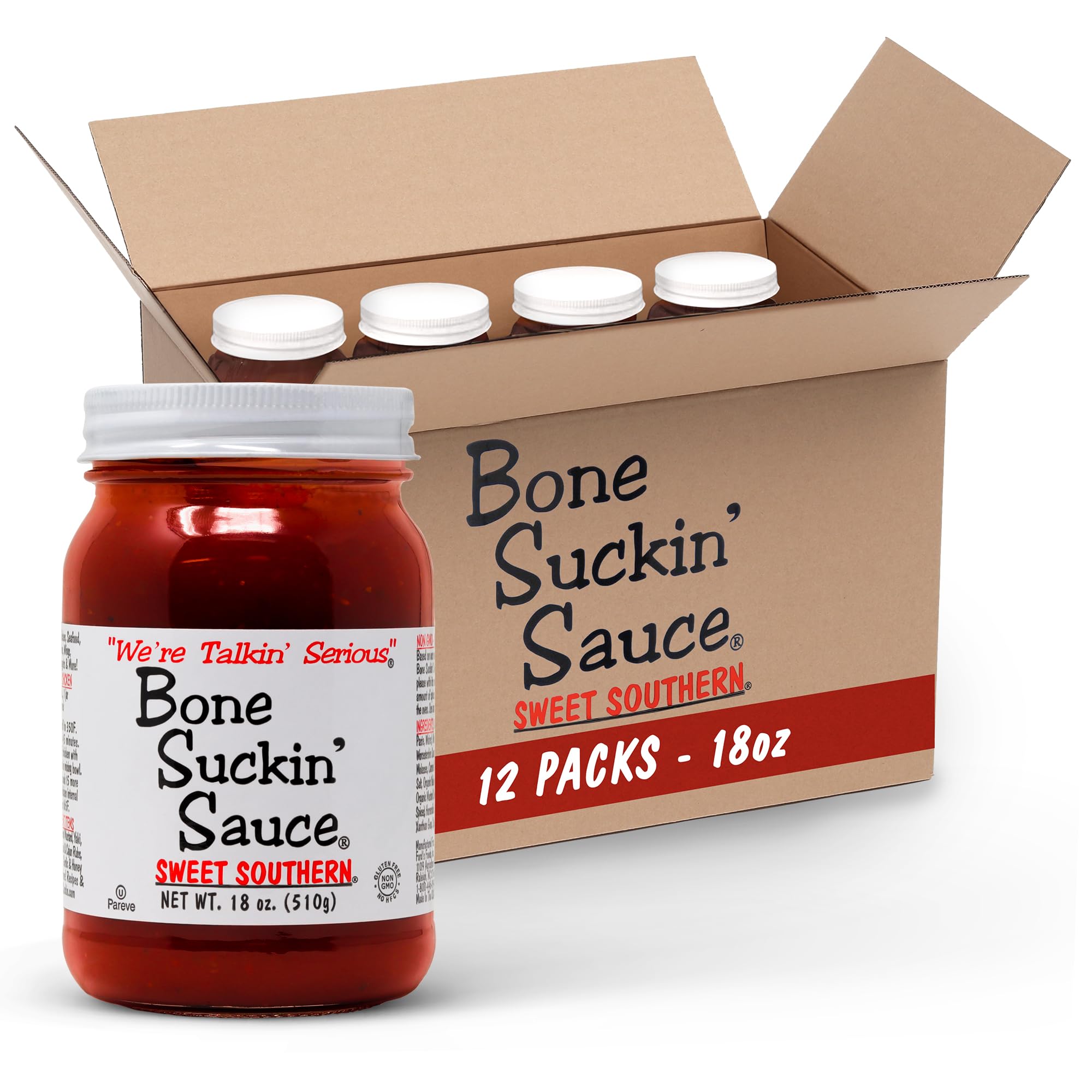 Bone Suckin' Sauce Sweet Southern BBQ Sauce - 18 oz in Glass Bottle, All-Purpose Barbecue Sauce, For Ribs, Chicken, Pork, Beef, Gluten-Free, Non-GMO, Kosher, Sweetened w/ Cane Sugar & Molasses - 12 Pcs