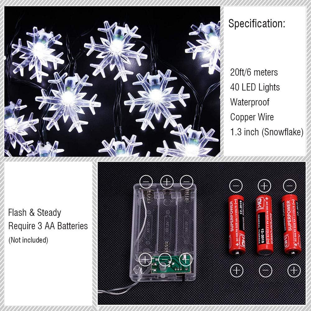 WesGen Christmas Lights,Snowflake String Lights Battery Operated Waterproof 20ft, 40 LED Fairy Lights for Xmas Garden Patio Bedroom Party Decor Christmas Decorations, White
