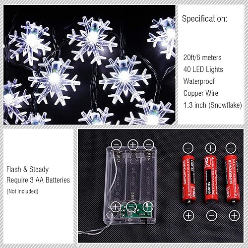 Miniatura 4 de WesGen - Guirnalda de luces de Navidad, tira de luces de copo de nieve, funciona con pilas, impermeable, 20 pies, 40 luces LED para Navidad, jardín,