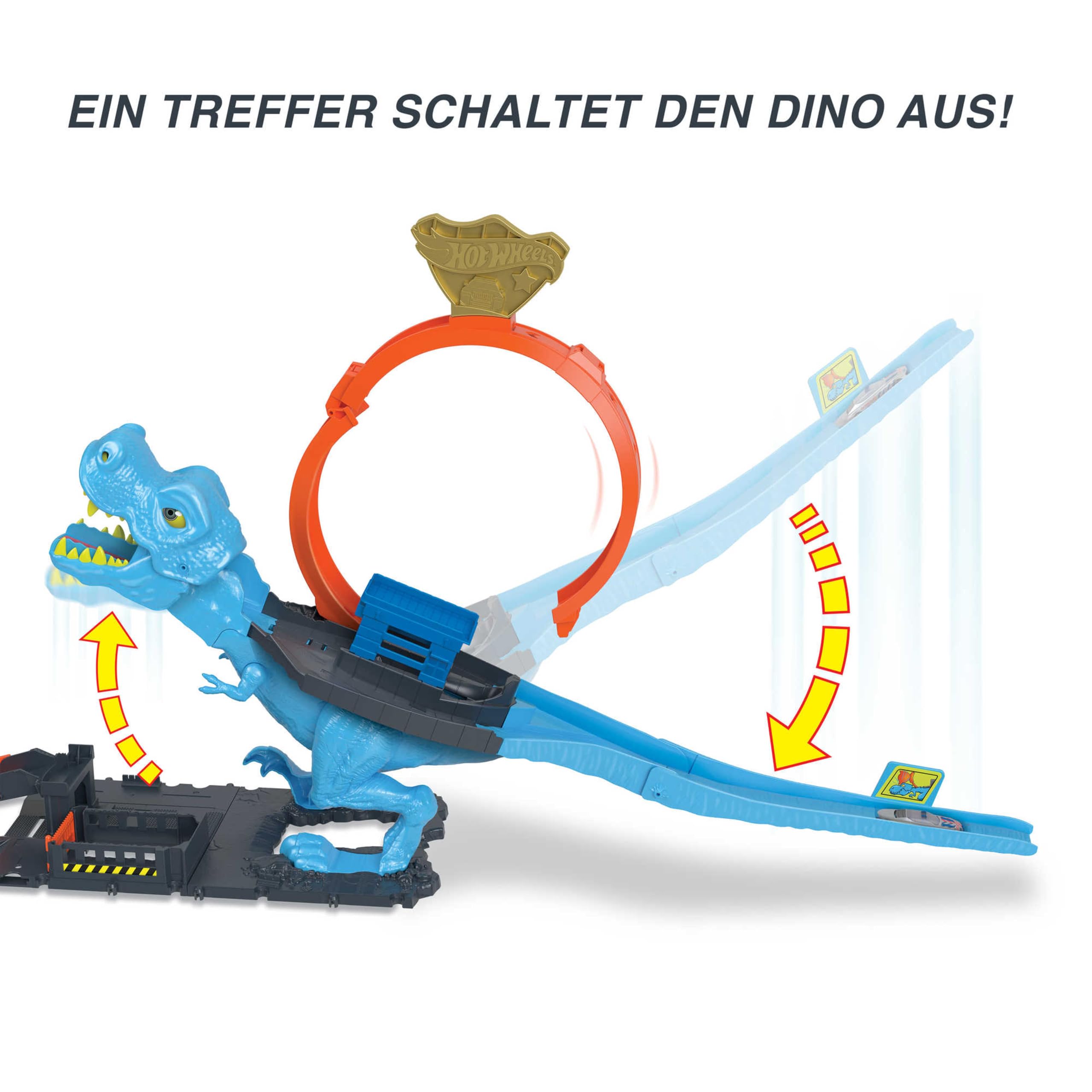 Hot Wheels Autorennbahn T-Rex Angriff, Geschicklichkeitsspiel mit Looping Track, Auto Spielzeug ab 4 Jahre, HNP77