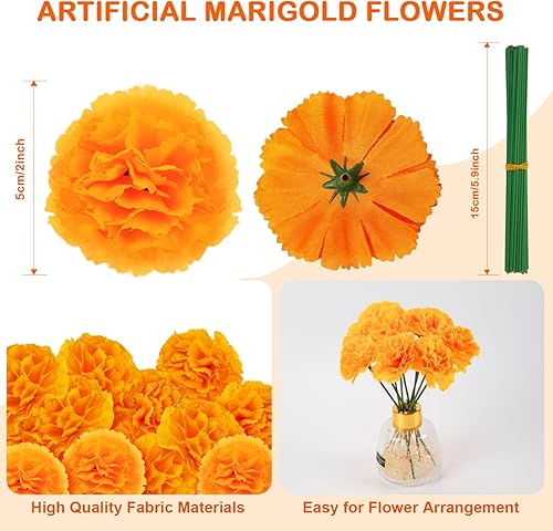 Miniatura 2 de Labeol 100 piezas de flores de caléndula artificiales, cabezas de flores de caléndula a granel, decoración mexicana, guirnalda de caléndula naranja