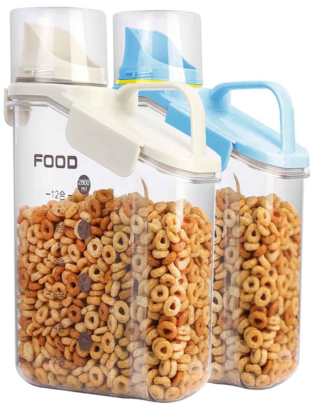 cereal containers storage,2.8l airtight large dry food storage containers with pouring spout, measuring cup for flour and grain,bpa free plastic dispenser ((2pcs) white-blue-94oz)