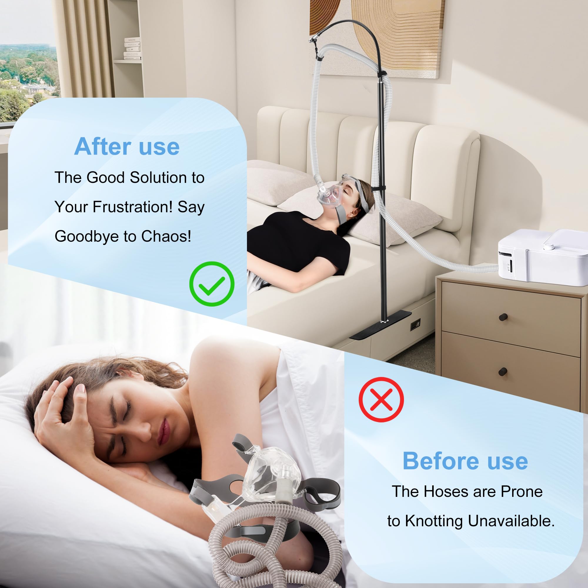 CPAP Support-Tuyau Suspendu pour lit avec Hauteur et Angle Réglables, Peut Empêcher Les Fuites/Enchevêtrements de Tuyaux，360 ° Bras Pivotant，Matériau Métallique Plus Solide et Stable