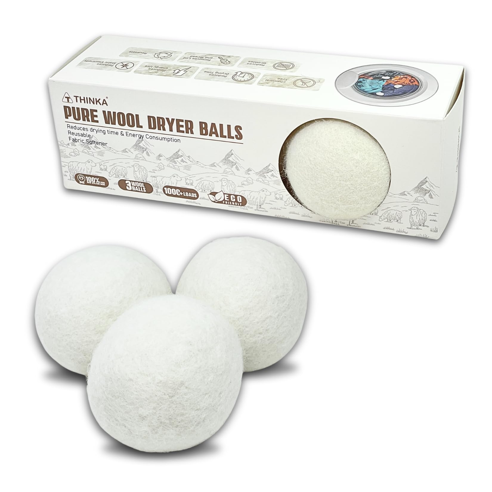Thinka Pure Wool Dryer Balls - Premium Grade | Reduces Drying Time & Energy Consumption | Hypoallergenic & Safe | Eco-Friendly | Static Guard & Pet Hair Remover