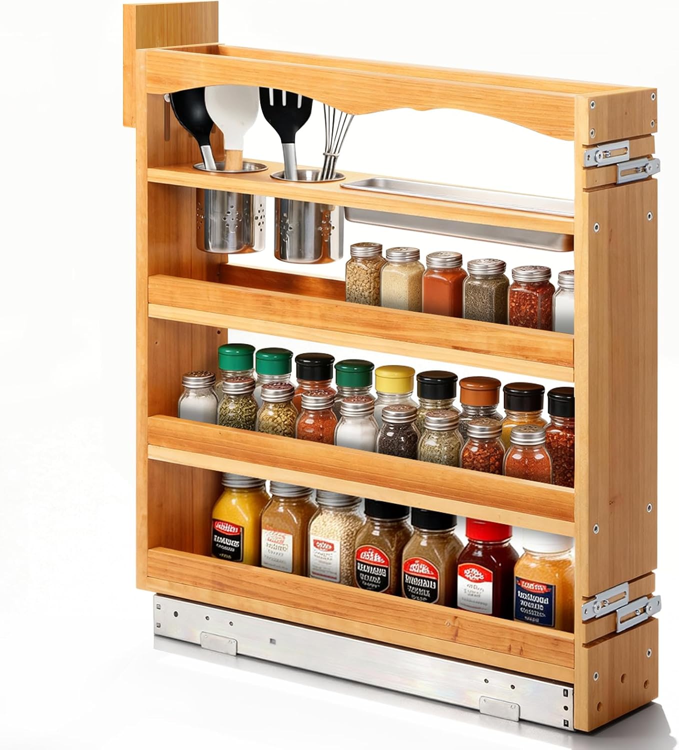 5" Pullout Spice Organization for Cabinet, 4-Tier Solid Wood Pull Out Spice Racks for Inside Cabinets, Soft-Close Sliding Cabinet Organizer with Adjustable Shelf, Narrow Pantry Organization