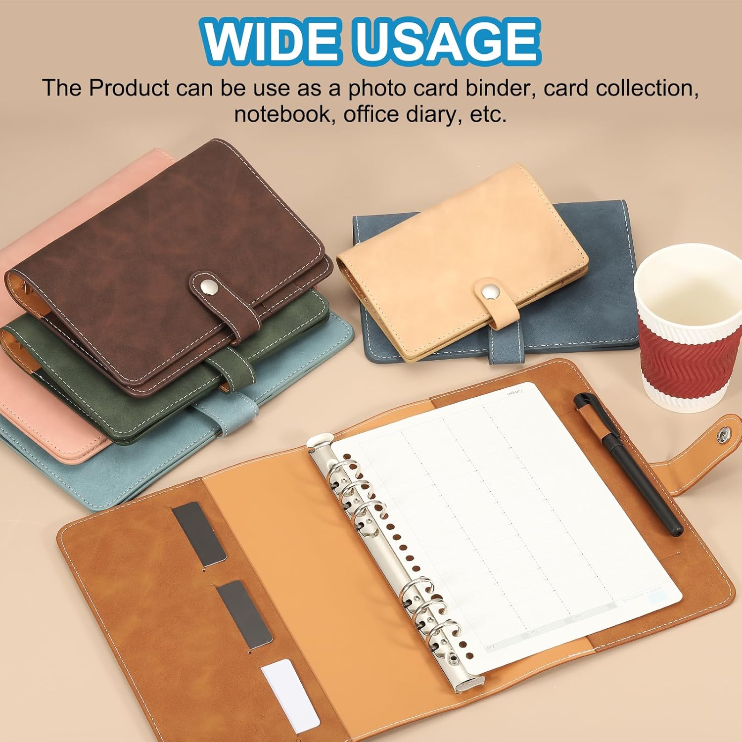 PATIKIL A7 PU Leather Binder Cover, 6 Ring Loose Leaf Binder Protector Round Ring Binder Cover Refillable Notebook Binder for Meeting Photocard Budget Notebook Folder, Khaki - Image 5