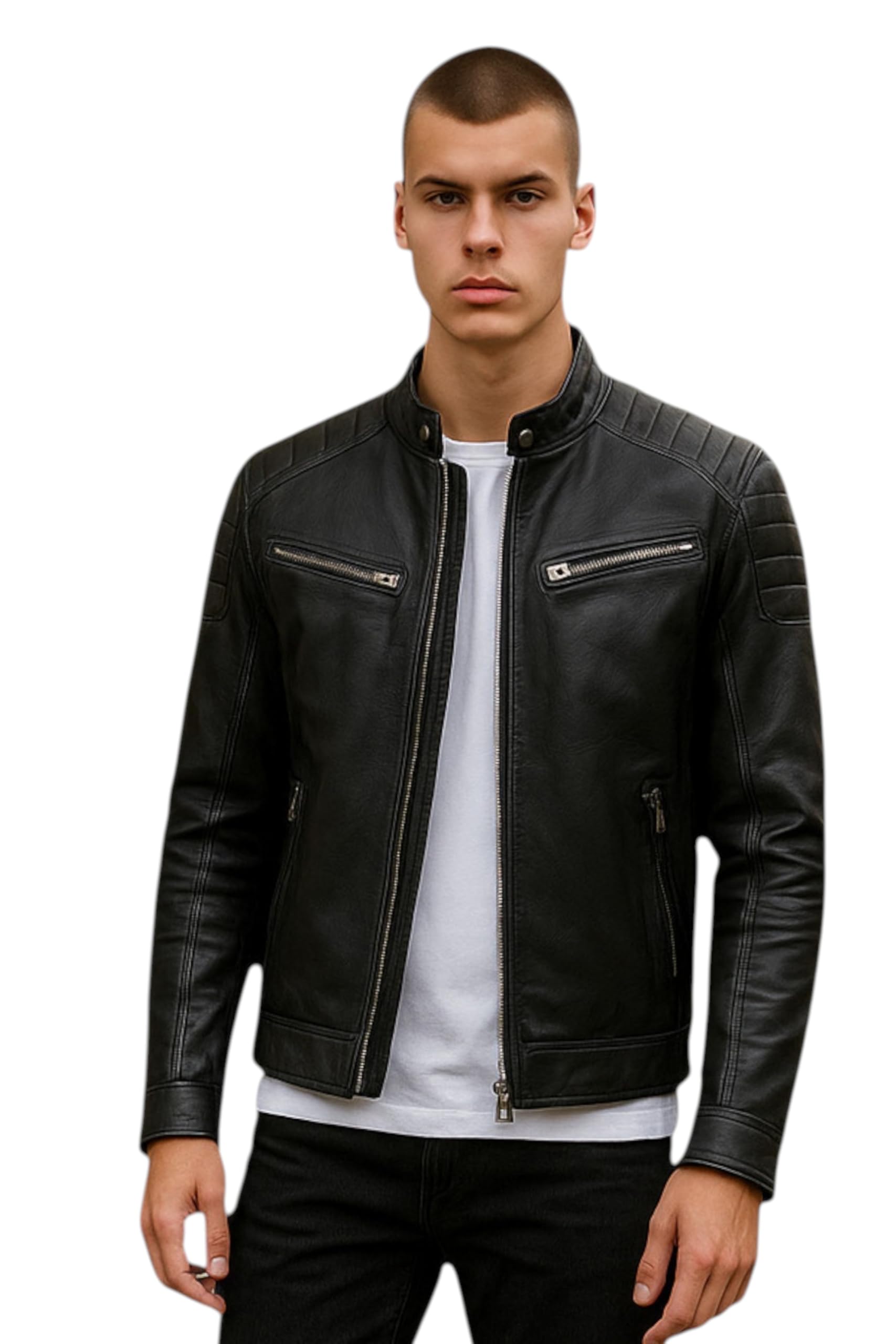 Men's Black Classic Café Racer Leather Quilted Racing Biker Casual Vintage Jacket