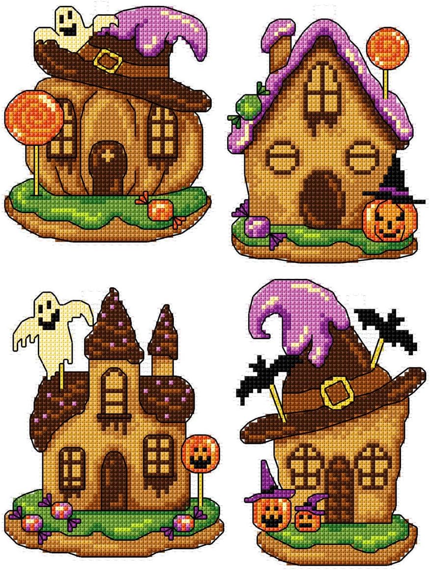 Counted Cross Stitch Kit on Plastic Canvas with Halloween Gothic. 4 Superior Ornaments Different Dimensions 159CS. Plastic Canvas Sheets. Marvelous for Embroidery & Needlecraft Amateurs