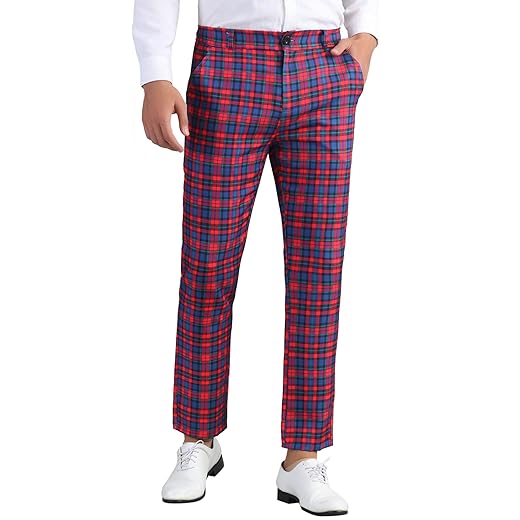 Lars Amadeus Calça social masculina formal color block slim fit frente lisa xadrez