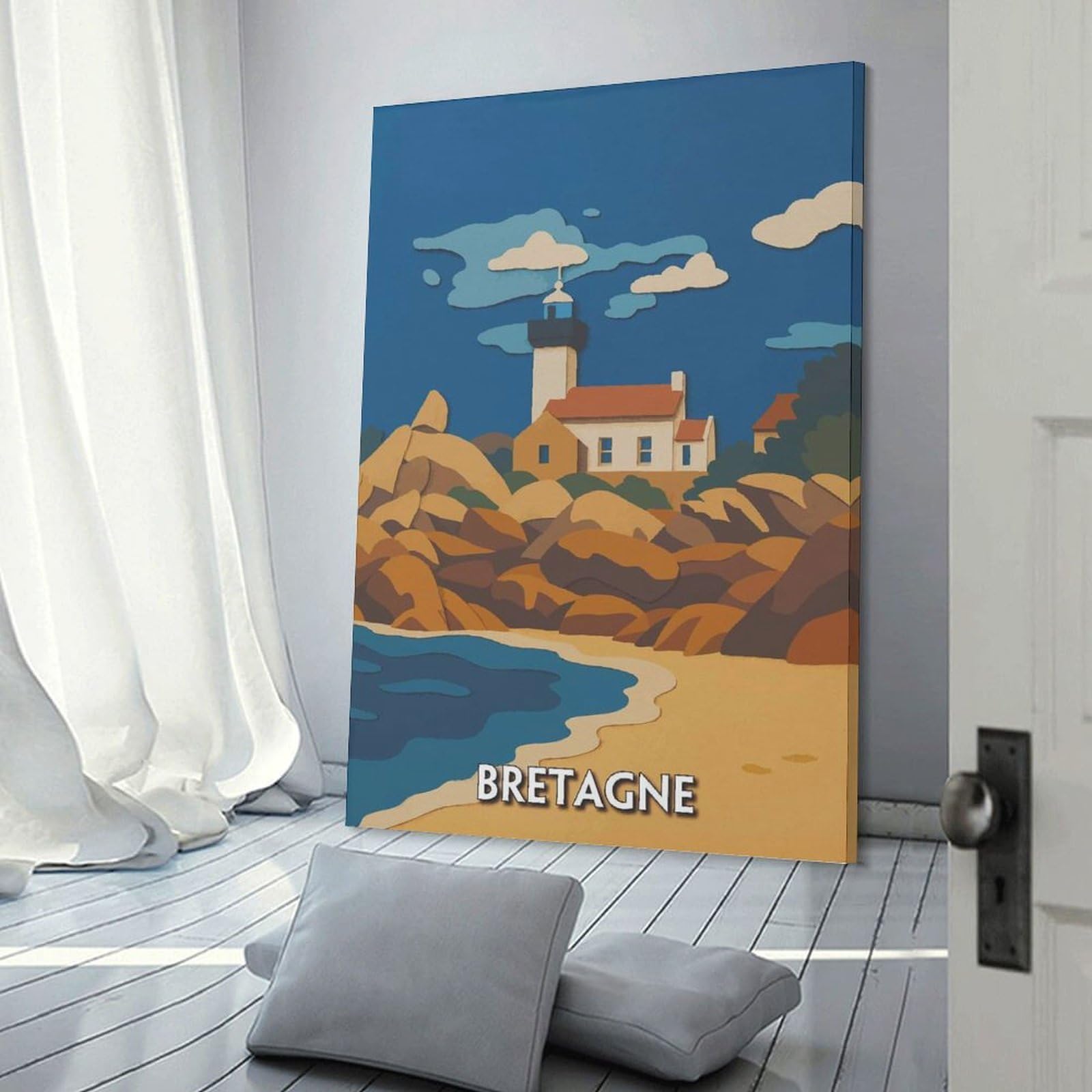 Junmoney Bretagne Coastal Lighthouse Illustration Room Decor Wall Art, 24x36inch(60x90cm), for Office, Study Or Home Workspace, Decorative Artwork for Productive Spaces