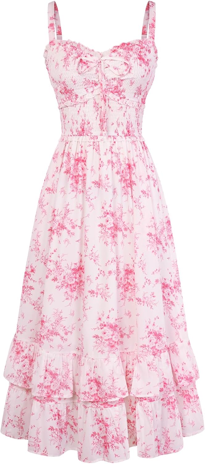 Scarlet Darkness Women's Floral Cottagecore Dress Smocked A Line Casual Boho Sundress with Pockets