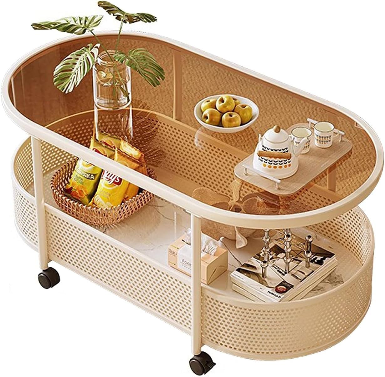 Table Basse Ovale Verre 2 Niveaux, Meuble de Salon Minimaliste