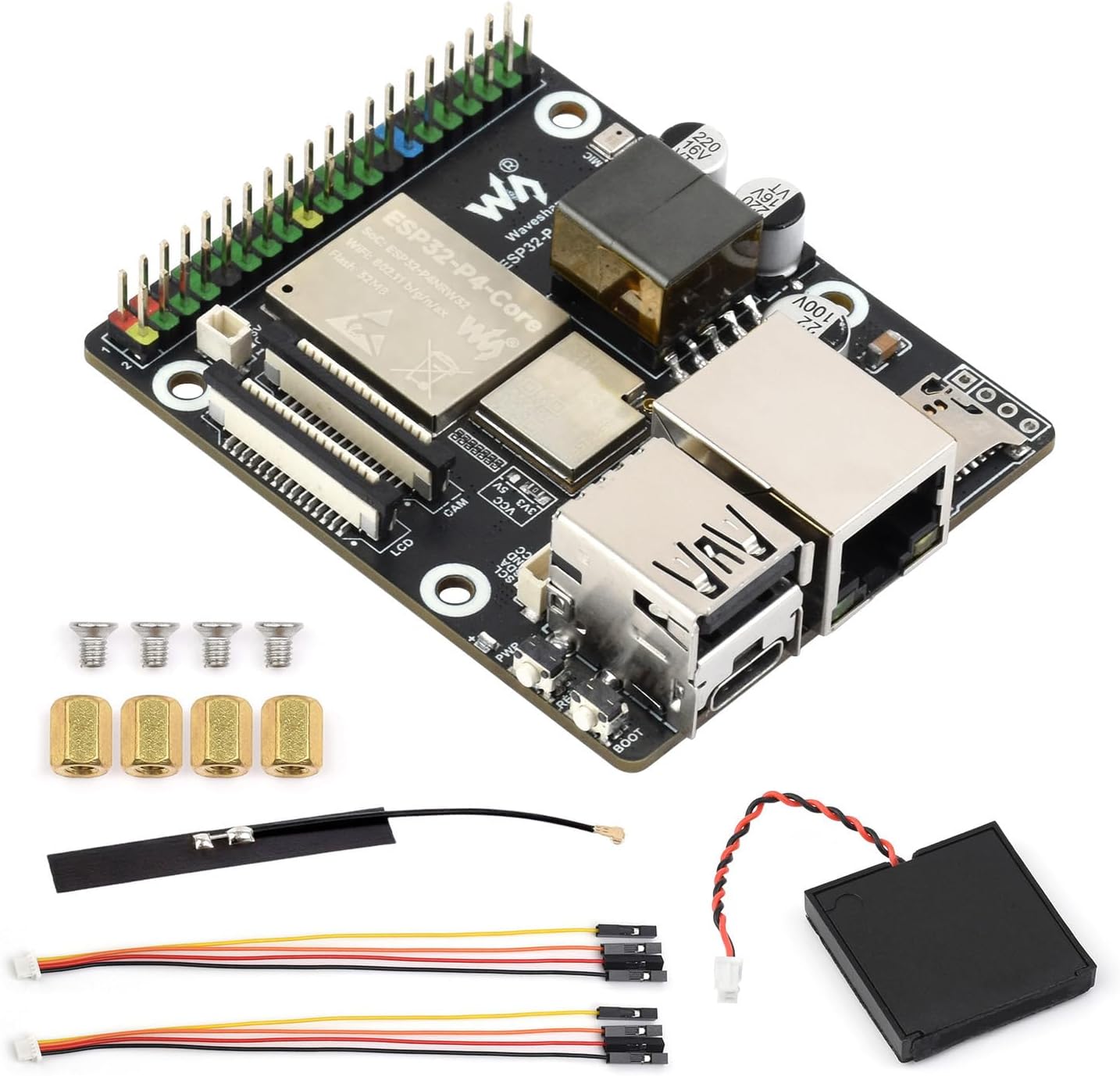 Waveshare ESP32-P4-WIFI6-POE-ETH High-Performance Development Board, Based On ESP32-P4 and ESP32-C6, Supports Wi-Fi 6 and BLT 5 (LE), PoE Module, Bundle with Speaker and Cables (5 Items)