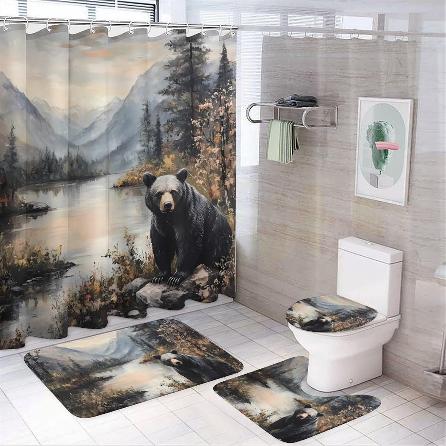 Black Bear Autumn Lakeside Bathroom Sets with Shower Curtain and Rugs 4 Piece with U-Shaped Floor Mat Toilet Lid Cover