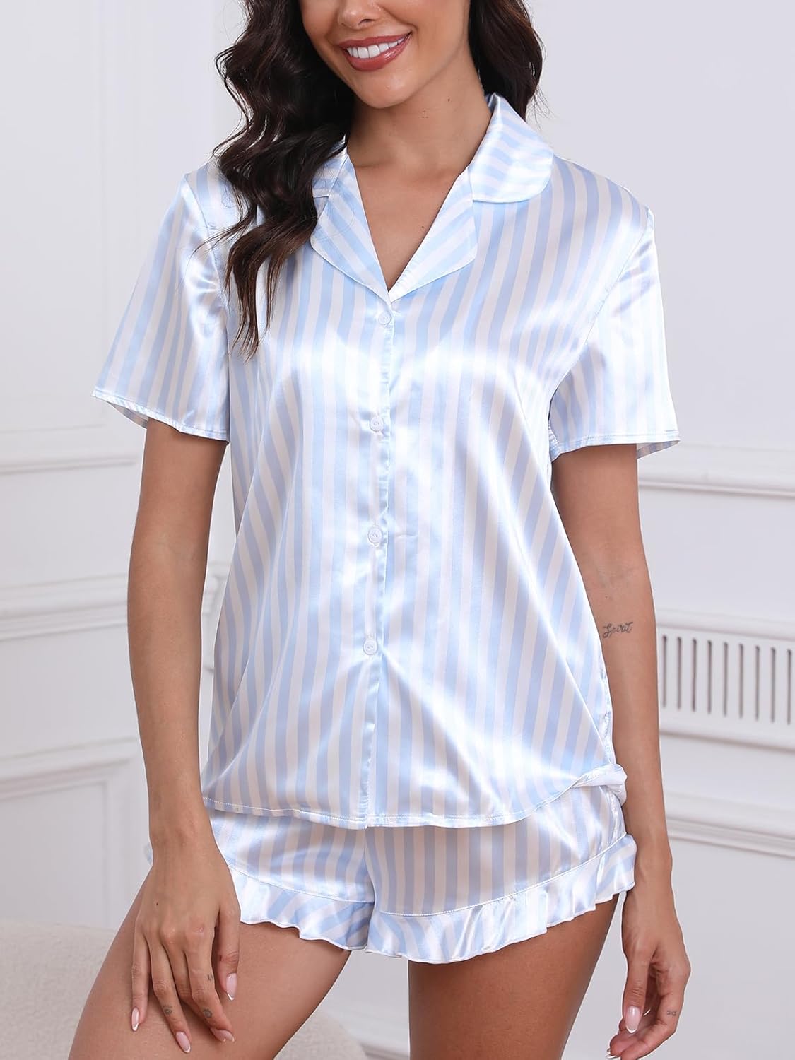 CUPSHE Womens Silk Pajamas Set Satin Short Sleeve Sleepwear Button Up Pjs Shorts Set - Image 2