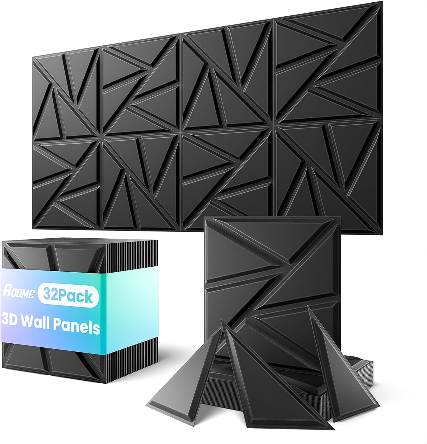 ROOME 12"x12" 3D Wall Panels, 32-Pack, Black, PVC, Peel & Stick, Geometric, Modern, Water-Resistant