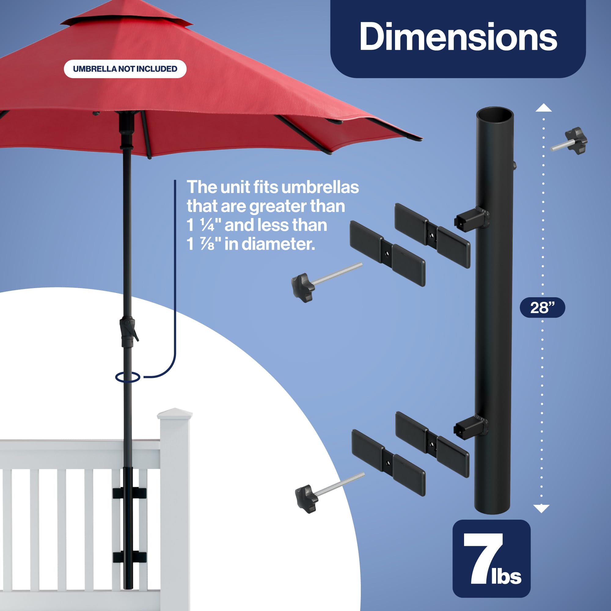 J&C Brands Patio Umbrella Stand, Base and Umbrella Stand for Outdoor, Attaches to Railing to Maximize Patio Space and Shade (Black) Garden