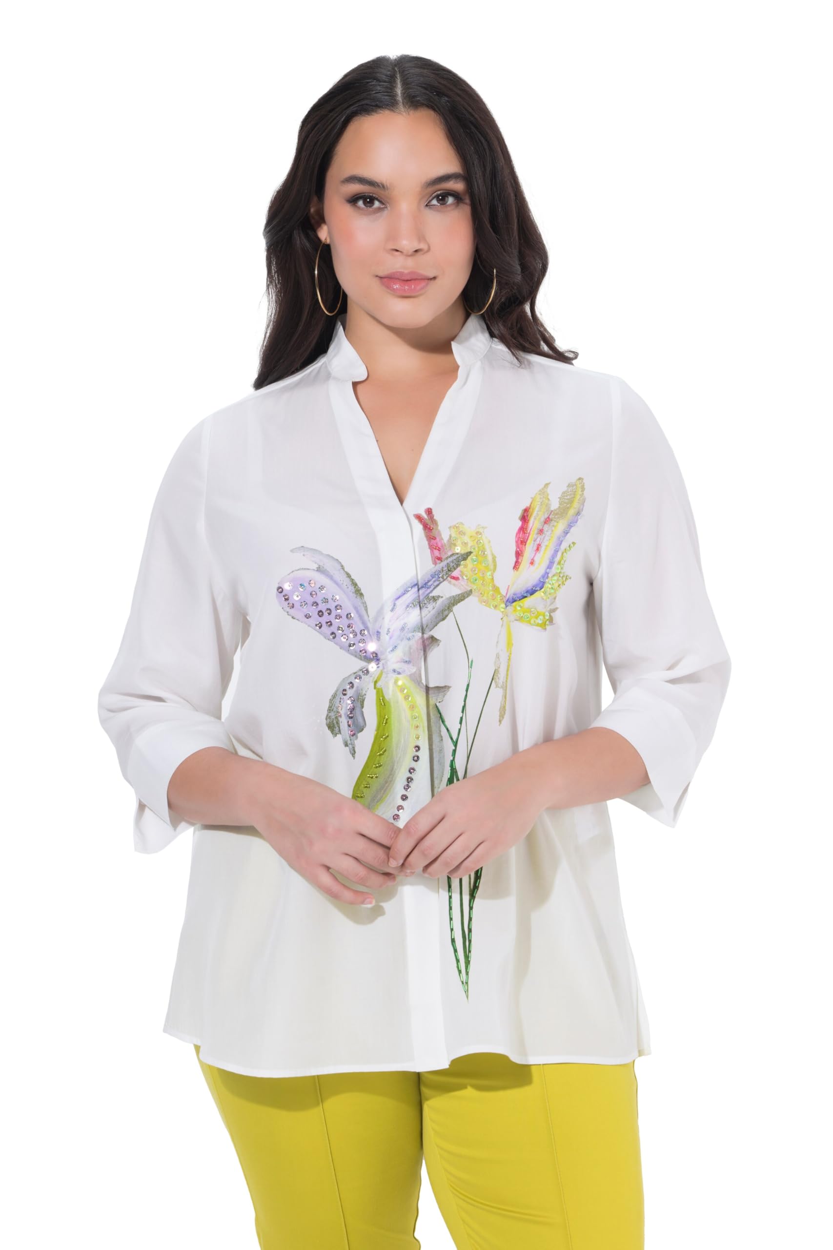 Ulla Popken Damen große Größen Übergrößen Plus Size Lyocell-Bluse, Blüten, A-Linie, V-Ausschnitt, 3/4-Arm 845037