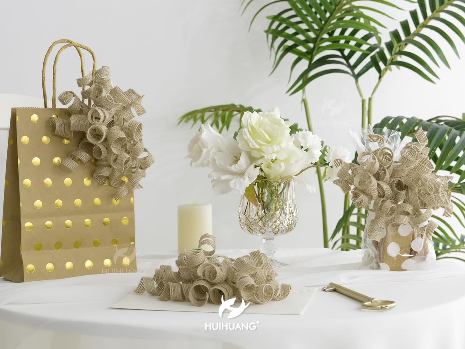 HUIHUANG Burlap Gift Bows Curly Bows for Gift Wrapping Self Adhesive Burst Gift Bow for Baby Shower, Wedding, Birthday Party Favors, Christmas Presents - 5 inch x 6 Counts - Image 3