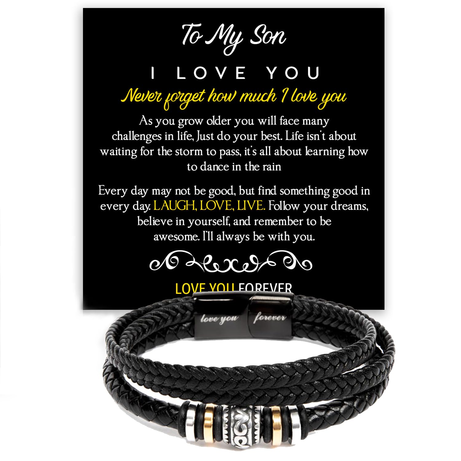 Mapileng To My Son Bracelet– I Love You Forever Leather Bracelet – Meaningful Gift from Dad or Mom – Inspirational Jewelry with Message Card – Perfect