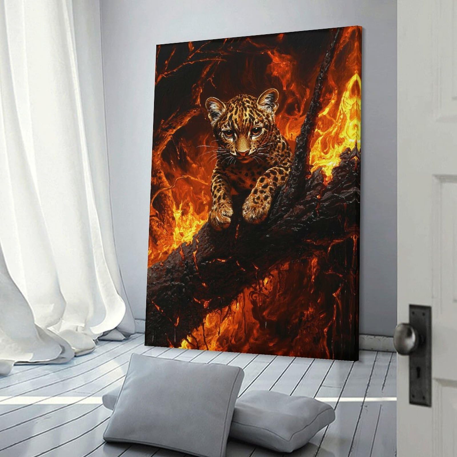 Junmoney Leopard Cub in Flames Decorative Wall Artwork, 24x36inch(60x90cm), for Work Areas, Reading Rooms Or Studios, Wall Art That Adds Style to Work Areas