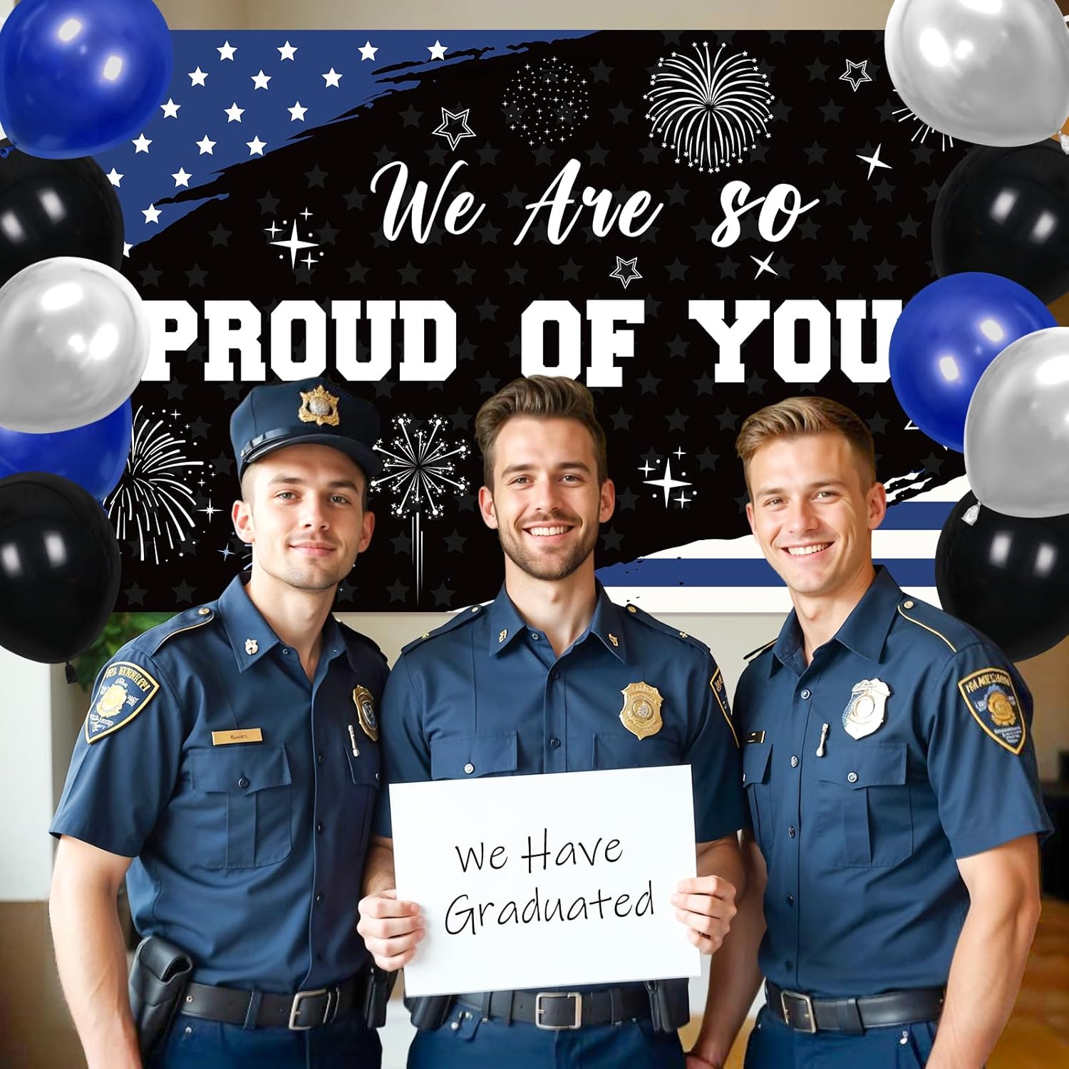 Police Party Decorations We Are So Proud Of You Backdrop Banner with 14Pcs Latex Balloons Black White and Blue American Flag Police Theme Party Decor for Police Retirement Graduation Party Supplies