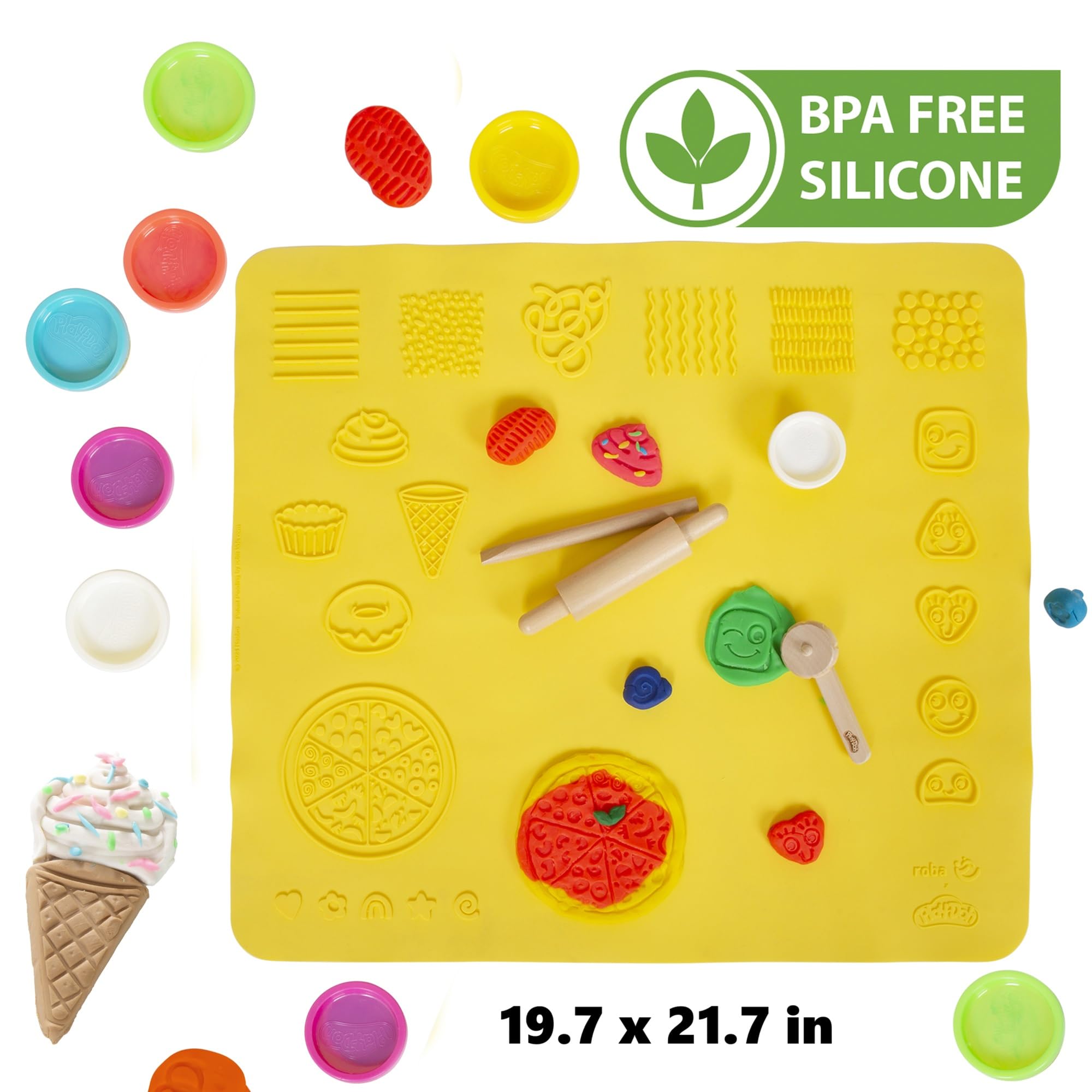 roba x Play-Doh Basteltisch mit Hocker - Spielset aus FSC-zertifiziertem Holz mit 6 Knetdosen, Holzwerkzeugen, 3D-Kreativmatte, Schürze & Aufbewahrungsbox - Ab 3 Jahren