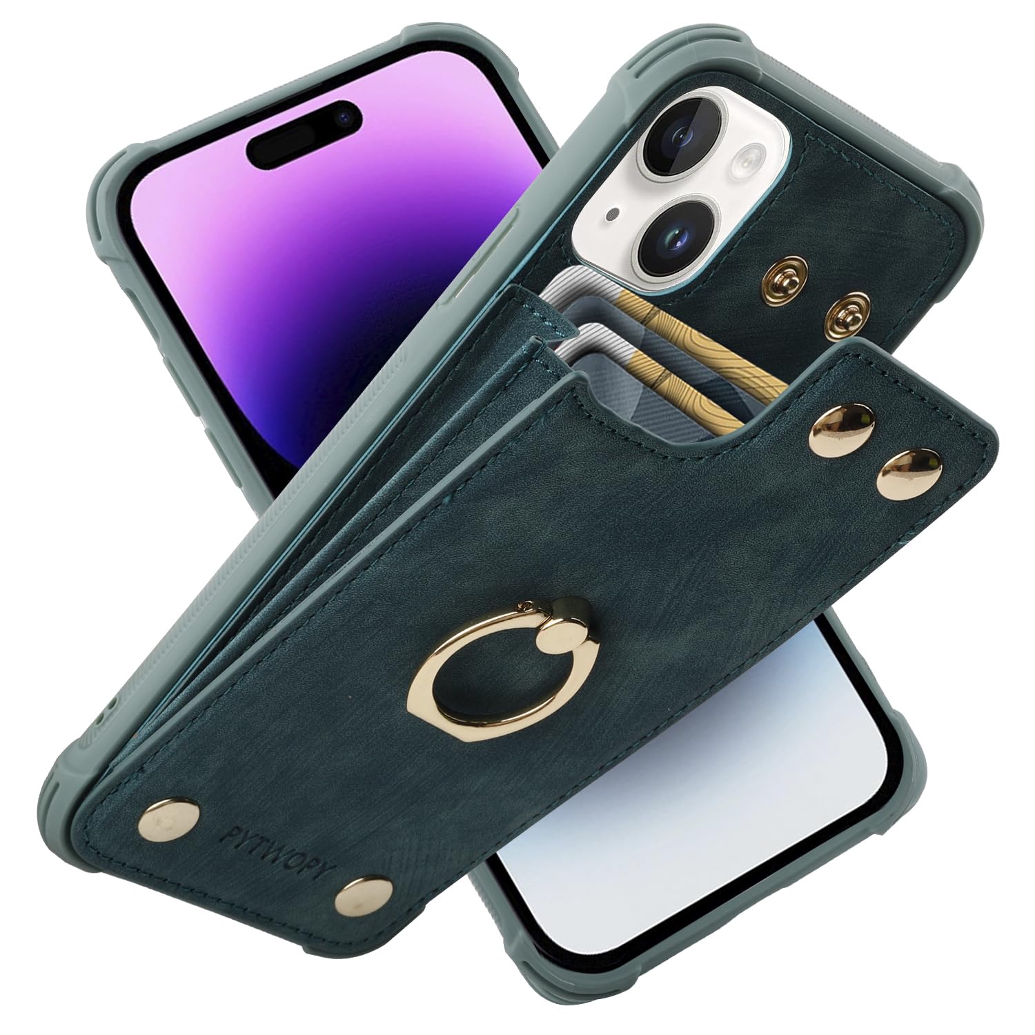 PPYTWOPY Compatible for iPhone 15 Wallet Case with Credit Card Holder,Leather Shockproof Protective Phone Cover 6.1 inch Supports 360°Rotation Ring Stand and RFID Blocking,Blue Green