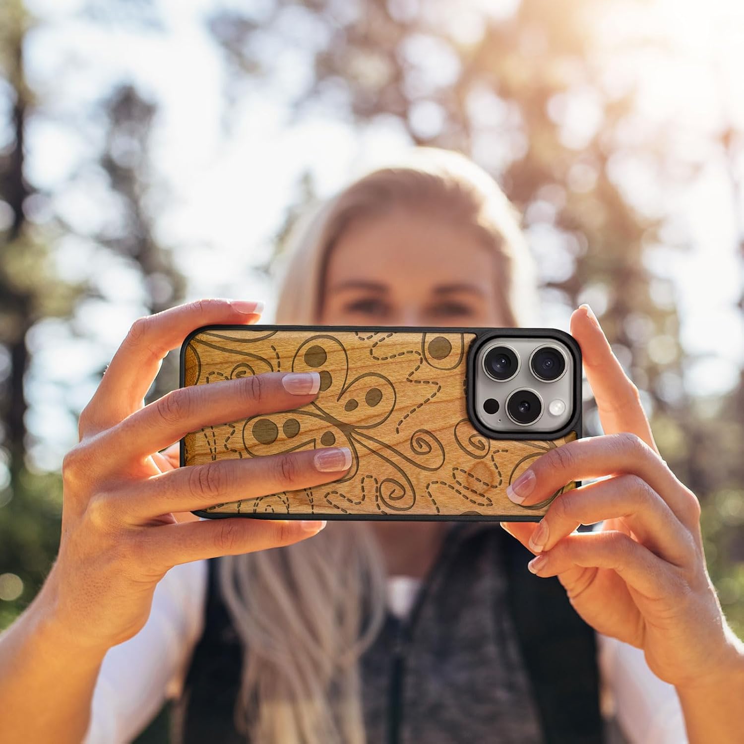 Carveit Magnetic Wooden Case for iPhone 15 Pro Max Case, Compatible with MagSafe Wireless Chargers, Black Soft TPU Shockproof Cover & Wood Artisan Engraved (Whimsical Butterfly) - Cherry