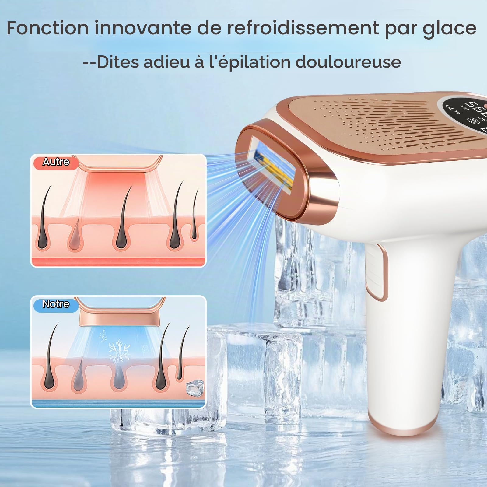 NICEWIN Épilation IPL avec fonction congélation - Appareil IPL sans douleur avec 3 modes (HR/SC/RA), 9 niveaux d'énergie, 999 999 impulsions lumineuses pour homme et femme - Idéal pour le visage, le